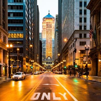 Wide shot of a street in downtown Chicago